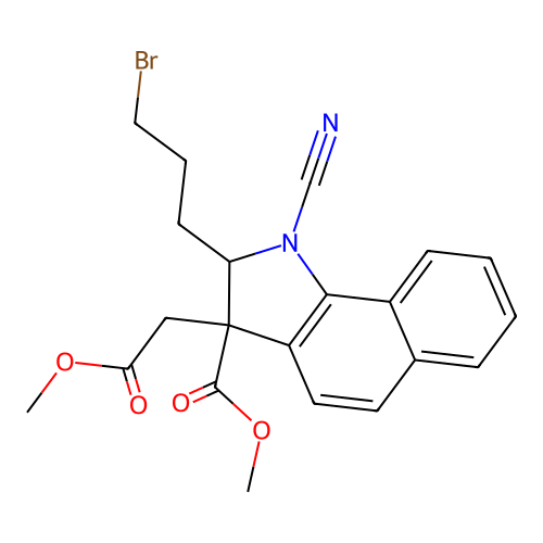 methyl 2-(3-bromopropyl)-1-cyano-3-(2-methoxy-2-oxoethyl)-2H-benzo[g]indole-3-carboxylate structure