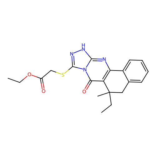 ethyl 2-((6-ethyl-6-methyl-7-oxo-5,6,7,12-tetrahydrobenzo[h][1,2,4]triazolo[3,4-b]quinazolin-9-yl)thio)acetate structure