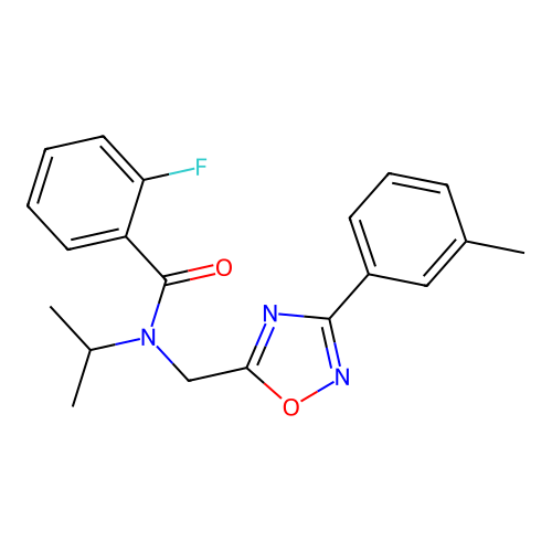 2-fluoro-N-[[3-(3-methylphenyl)-1,2,4-oxadiazol-5-yl]methyl]-N-propan-2-ylbenzamide structure