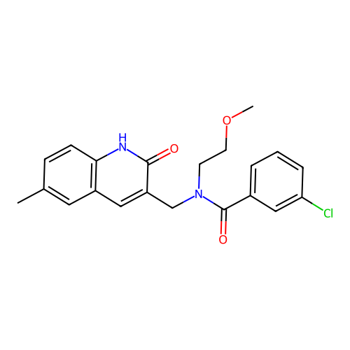 3-chloro-N-(2-methoxyethyl)-N-[(6-methyl-2-oxo-1H-quinolin-3-yl)methyl]benzamide structure
