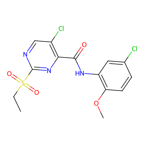 5-chloro-N-(5-chloro-2-methoxyphenyl)-2-ethylsulfonylpyrimidine-4-carboxamide structure