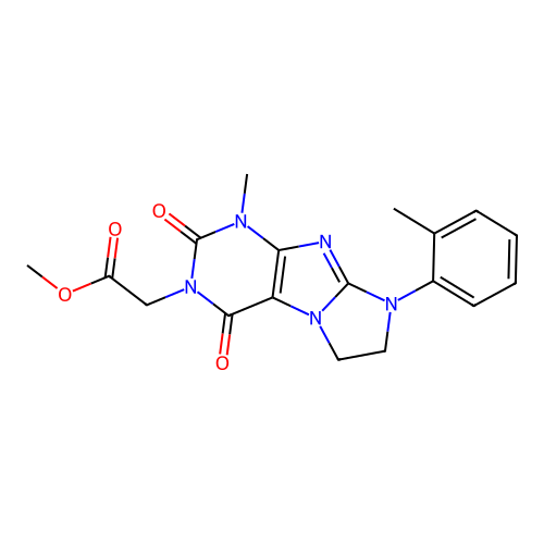 methyl 2-[1-methyl-8-(2-methylphenyl)-2,4-dioxo-1,3,5-trihydroimidazolidino[1, 2-h]purin-3-yl]acetate structure
