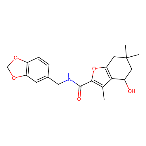 N-(1,3-benzodioxol-5-ylmethyl)-4-hydroxy-3,6,6-trimethyl-4,5,6,7-tetrahydro-1-benzofuran-2-carboxamide structure