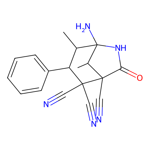 5-amino-4,8-dimethyl-7-oxo-3-phenyl-6-azabicyclo[3.2.1]octane-1,2,2-tricarbonitrile structure