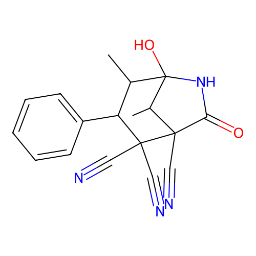 5-hydroxy-4,8-dimethyl-7-oxo-3-phenyl-6-azabicyclo[3.2.1]octane-1,2,2-tricarbonitrile structure
