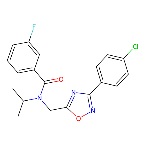 N-[[3-(4-chlorophenyl)-1,2,4-oxadiazol-5-yl]methyl]-3-fluoro-N-propan-2-ylbenzamide structure