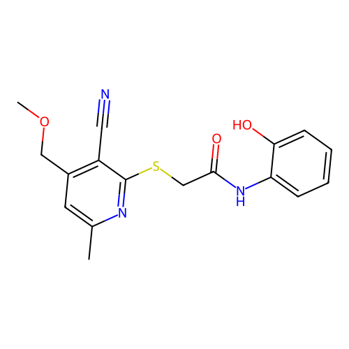 2-((3-cyano-4-(methoxymethyl)-6-methylpyridin-2-yl)thio)-N-(2-hydroxyphenyl)acetamide structure