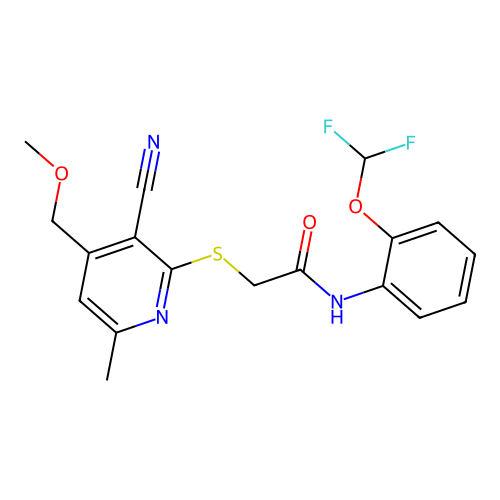 2-((3-cyano-4-(methoxymethyl)-6-methylpyridin-2-yl)thio)-N-(2-(difluoromethoxy)phenyl)acetamide structure