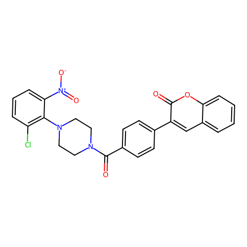 3-[4-[4-(2-Chloro-6-nitrophenyl)piperazine-1-carbonyl]phenyl]chromen-2-one structure