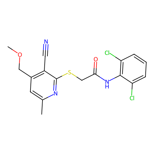 2-[3-cyano-4-(methoxymethyl)-6-methylpyridin-2-yl]sulfanyl-N-(2,6-dichlorophenyl)acetamide structure