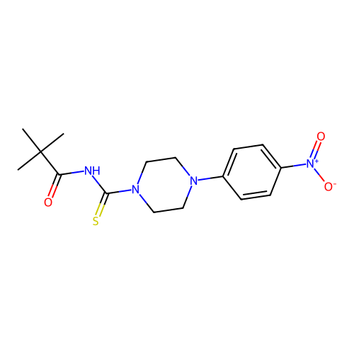 2,2-dimethyl-N-[4-(4-nitrophenyl)piperazine-1-carbothioyl]propanamide structure