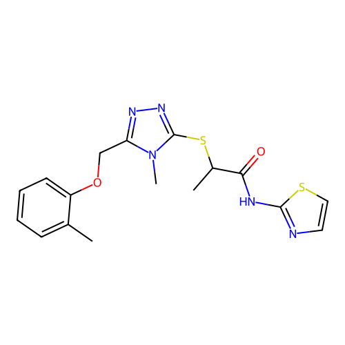 2-({4-methyl-5-[(2-methylphenoxy)methyl]-4H-1,2,4-triazol-3-yl}sulfanyl)-N-(1,3-thiazol-2-yl)propanamide structure