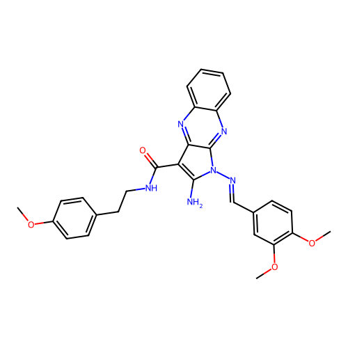 (E)-2-amino-1-((3,4-dimethoxybenzylidene)amino)-N-(4-methoxyphenethyl)-1H-pyrrolo[2,3-b]quinoxaline-3-carboxamide structure
