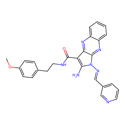(E)-2-amino-N-(4-methoxyphenethyl)-1-((pyridin-3-ylmethylene)amino)-1H-pyrrolo[2,3-b]quinoxaline-3-carboxamide structure