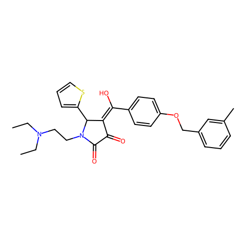 (4E)-1-(2-diethylaminoethyl)-4-[hydroxy-[4-[(3-methylphenyl)methoxy]phenyl]methylidene]-5-thiophen-2-ylpyrrolidine-2,3-dione structure