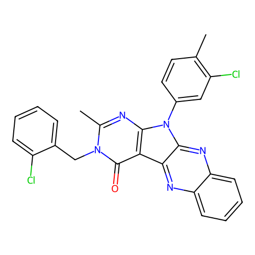 11-(3-chloro-4-methylphenyl)-3-(2-chlorobenzyl)-2-methyl-3H-pyrimido[5',4':4,5]pyrrolo[2,3-b]quinoxalin-4(11H)-one structure