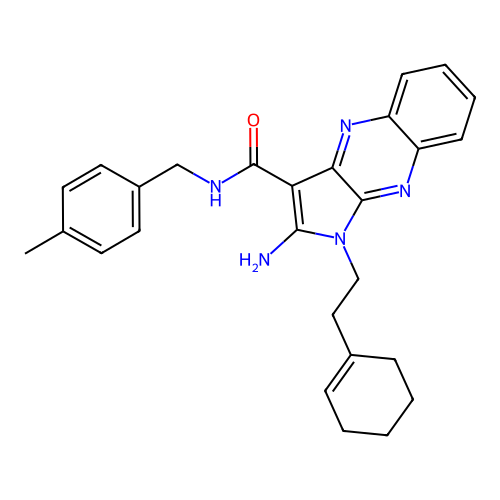 2-amino-1-(2-(cyclohex-1-en-1-yl)ethyl)-N-(4-methylbenzyl)-1H-pyrrolo[2,3-b]quinoxaline-3-carboxamide structure