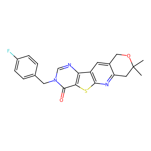3-(4-fluorobenzyl)-8,8-dimethyl-7,10-dihydro-8H-pyrano[3'',4'':5',6']pyrido[3',2':4,5]thieno[3,2-d]pyrimidin-4(3H)-one structure