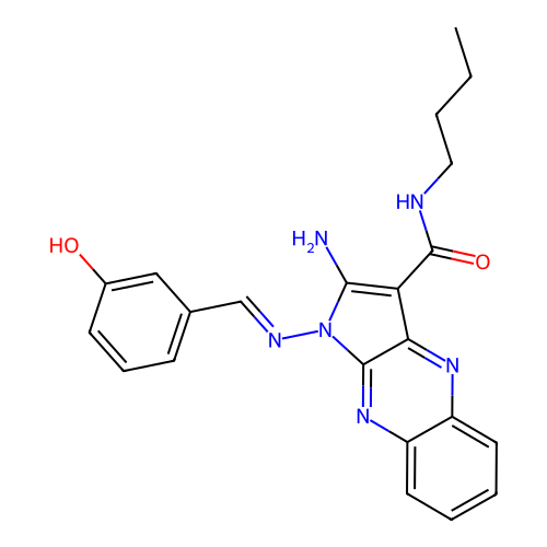 (E)-2-amino-N-butyl-1-((3-hydroxybenzylidene)amino)-1H-pyrrolo[2,3-b]quinoxaline-3-carboxamide structure