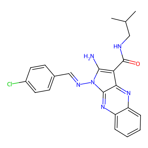 (E)-2-amino-1-((4-chlorobenzylidene)amino)-N-isobutyl-1H-pyrrolo[2,3-b]quinoxaline-3-carboxamide structure