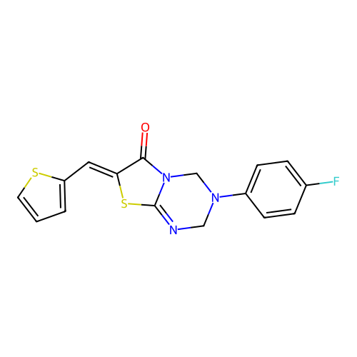 (7Z)-3-(4-fluorophenyl)-7-(thiophen-2-ylmethylidene)-2,4-dihydro-[1,3]thiazolo[3,2-a][1,3,5]triazin-6-one structure