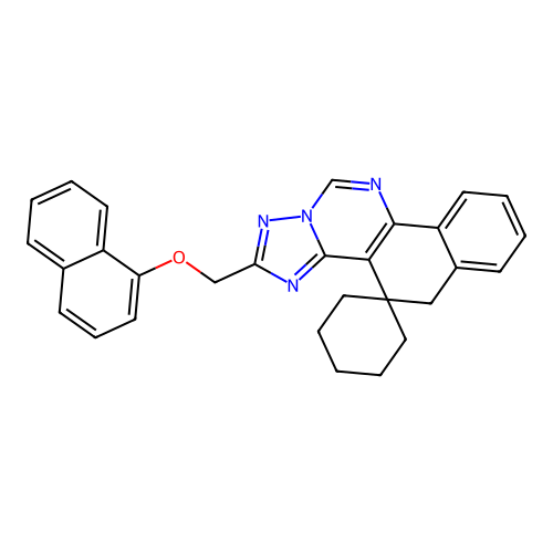 2-((naphthalen-1-yloxy)methyl)-5H-spiro[benzo[h][1,2,4]triazolo[1,5-c]quinazoline-4,1'-cyclohexane] structure