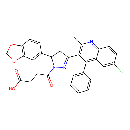 4-(5-(benzo[d][1,3]dioxol-5-yl)-3-(6-chloro-2-methyl-4-phenylquinolin-3-yl)-4,5-dihydro-1H-pyrazol-1-yl)-4-oxobutanoic acid structure