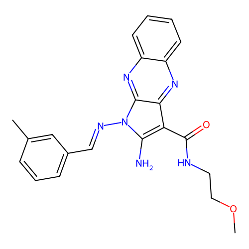 (E)-2-amino-N-(2-methoxyethyl)-1-((3-methylbenzylidene)amino)-1H-pyrrolo[2,3-b]quinoxaline-3-carboxamide structure