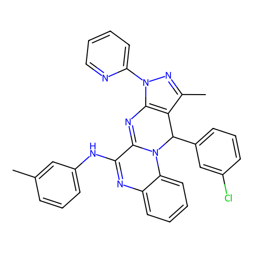 11-(3-chlorophenyl)-10-methyl-8-(pyridin-2-yl)-N-(m-tolyl)-8,11-dihydropyrazolo[3',4':4,5]pyrimido[1,2-a]quinoxalin-6-amine structure
