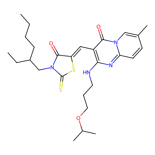 3-{(Z)-[3-(2-ethylhexyl)-4-oxo-2-thioxo-1,3-thiazolidin-5-ylidene]methyl}-7-methyl-2-{[3-(propan-2-yloxy)propyl]amino}-4H-pyrido[1,2-a]pyrimidin-4-one structure