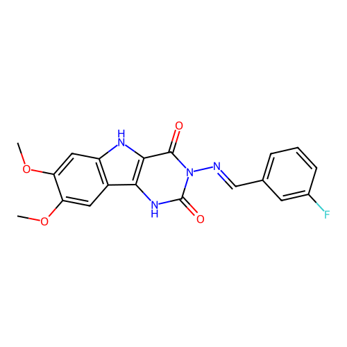 (E)-3-((3-fluorobenzylidene)amino)-7,8-dimethoxy-1H-pyrimido[5,4-b]indole-2,4(3H,5H)-dione structure