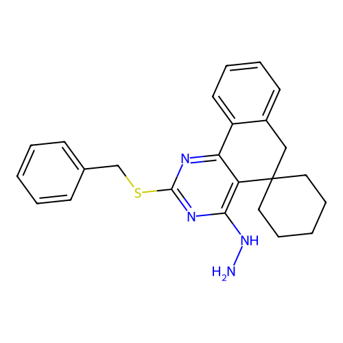 2-(benzylsulfanyl)-4-hydrazinyl-6H-spiro[benzo[h]quinazoline-5,1'-cyclohexane] structure