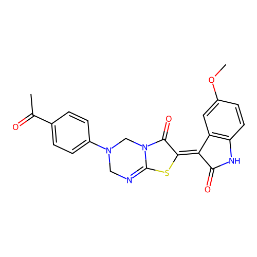 (7Z)-3-(4-acetylphenyl)-7-(5-methoxy-2-oxo-1,2-dihydro-3H-indol-3-ylidene)-3,4-dihydro-2H-[1,3]thiazolo[3,2-a][1,3,5]triazin-6(7H)-one structure