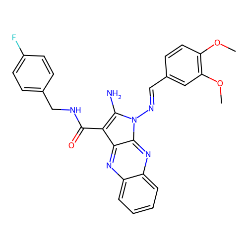 (E)-2-amino-1-((3,4-dimethoxybenzylidene)amino)-N-(4-fluorobenzyl)-1H-pyrrolo[2,3-b]quinoxaline-3-carboxamide structure