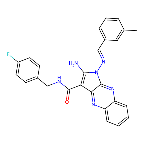 (E)-2-amino-N-(4-fluorobenzyl)-1-((3-methylbenzylidene)amino)-1H-pyrrolo[2,3-b]quinoxaline-3-carboxamide structure