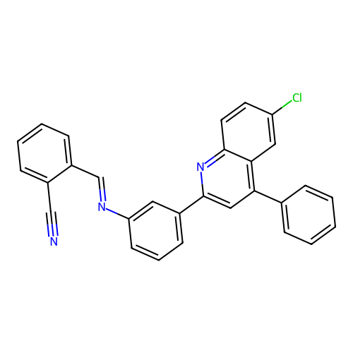 2-[(E)-{[3-(6-chloro-4-phenylquinolin-2-yl)phenyl]imino}methyl]benzonitrile structure