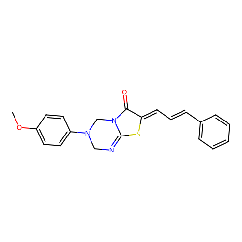 (7Z)-3-(4-methoxyphenyl)-7-[(2E)-3-phenylprop-2-en-1-ylidene]-3,4-dihydro-2H-[1,3]thiazolo[3,2-a][1,3,5]triazin-6(7H)-one structure