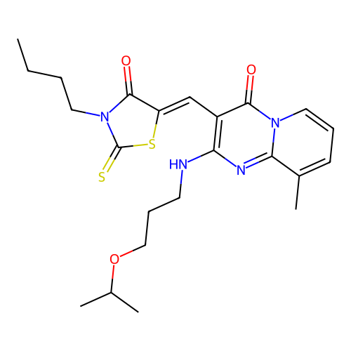 3-[(Z)-(3-butyl-4-oxo-2-thioxo-1,3-thiazolidin-5-ylidene)methyl]-9-methyl-2-{[3-(propan-2-yloxy)propyl]amino}-4H-pyrido[1,2-a]pyrimidin-4-one structure