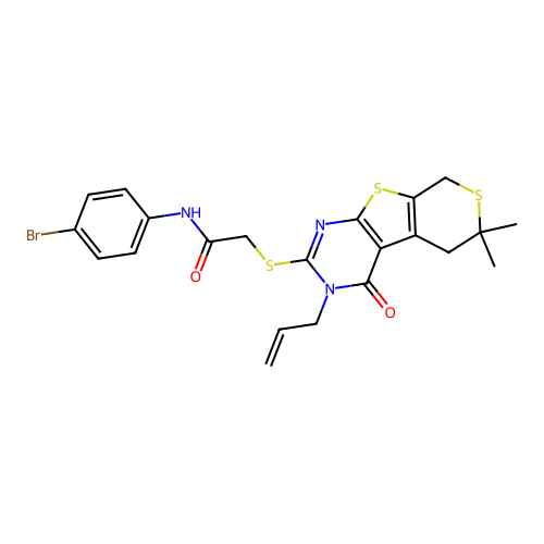 2-((3-allyl-6,6-dimethyl-4-oxo-4,5,6,8-tetrahydro-3H-thiopyrano[4',3':4,5]thieno[2,3-d]pyrimidin-2-yl)thio)-N-(4-bromophenyl)acetamide structure
