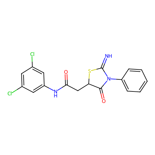 N-(3,5-dichlorophenyl)-2-(2-imino-4-oxo-3-phenyl-1,3-thiazolidin-5-yl)acetamide structure