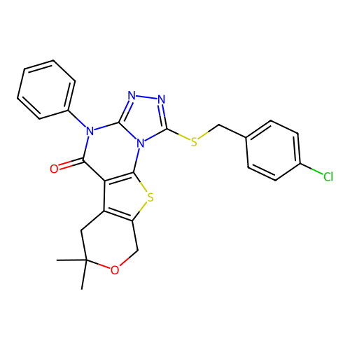 1-((4-chlorobenzyl)thio)-7,7-dimethyl-4-phenyl-6,7-dihydro-4H-pyrano[4',3':4,5]thieno[3,2-e][1,2,4]triazolo[4,3-a]pyrimidin-5(9H)-one structure