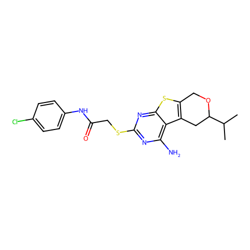 2-((4-amino-6-isopropyl-6,8-dihydro-5H-pyrano[4',3':4,5]thieno[2,3-d]pyrimidin-2-yl)thio)-N-(4-chlorophenyl)acetamide structure