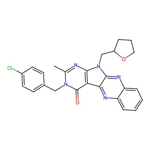 3-(4-chlorobenzyl)-2-methyl-11-((tetrahydrofuran-2-yl)methyl)-3H-pyrimido[5',4':4,5]pyrrolo[2,3-b]quinoxalin-4(11H)-one structure
