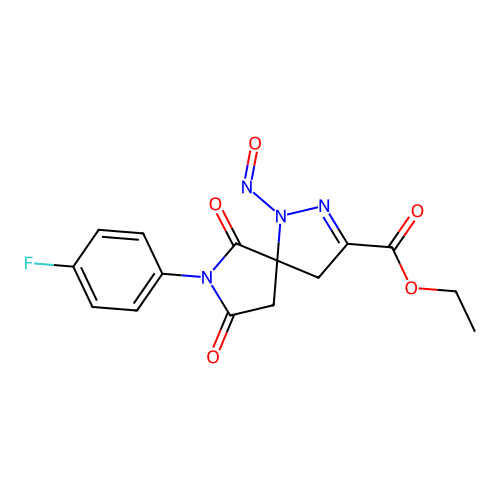 ethyl 7-(4-fluorophenyl)-1-nitroso-6,8-dioxo-1,2,7-triazaspiro[4.4]non-2-ene-3-carboxylate structure