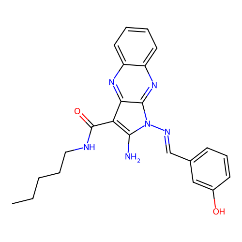 (E)-2-amino-1-((3-hydroxybenzylidene)amino)-N-pentyl-1H-pyrrolo[2,3-b]quinoxaline-3-carboxamide structure