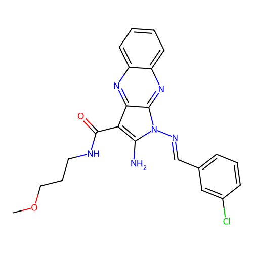 (E)-2-amino-1-((3-chlorobenzylidene)amino)-N-(3-methoxypropyl)-1H-pyrrolo[2,3-b]quinoxaline-3-carboxamide structure