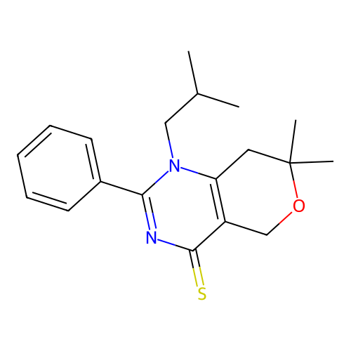 1-isobutyl-7,7-dimethyl-2-phenyl-7,8-dihydro-1H-pyrano[4,3-d]pyrimidine-4(5H)-thione structure