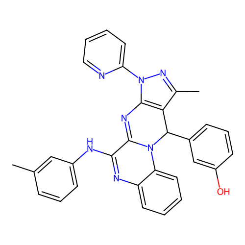 3-(10-methyl-8-(pyridin-2-yl)-6-(m-tolylamino)-8,11-dihydropyrazolo[3',4':4,5]pyrimido[1,2-a]quinoxalin-11-yl)phenol structure