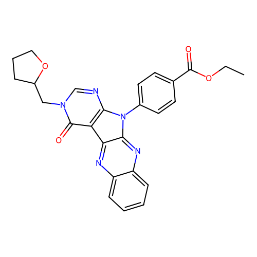 ethyl 4-(4-oxo-3-((tetrahydrofuran-2-yl)methyl)-3H-pyrimido[5',4':4,5]pyrrolo[2,3-b]quinoxalin-11(4H)-yl)benzoate structure