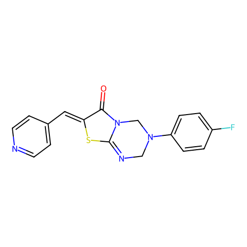 (7Z)-3-(4-fluorophenyl)-7-(pyridin-4-ylmethylidene)-2,4-dihydro-[1,3]thiazolo[3,2-a][1,3,5]triazin-6-one structure